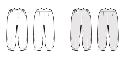 Short plus fours pants technical fashion illustration with tab, knee length, normal waist, rise, slashed pocket. Flat breeches bottom template front, back, white grey color style. Women men CAD mockup
