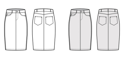 Denim pencil skirt technical fashion illustration with knee length, low waist rise, curved, coin, angled pockets. Flat bottom template front, back, white grey color style. Women, men unisex CAD mockup