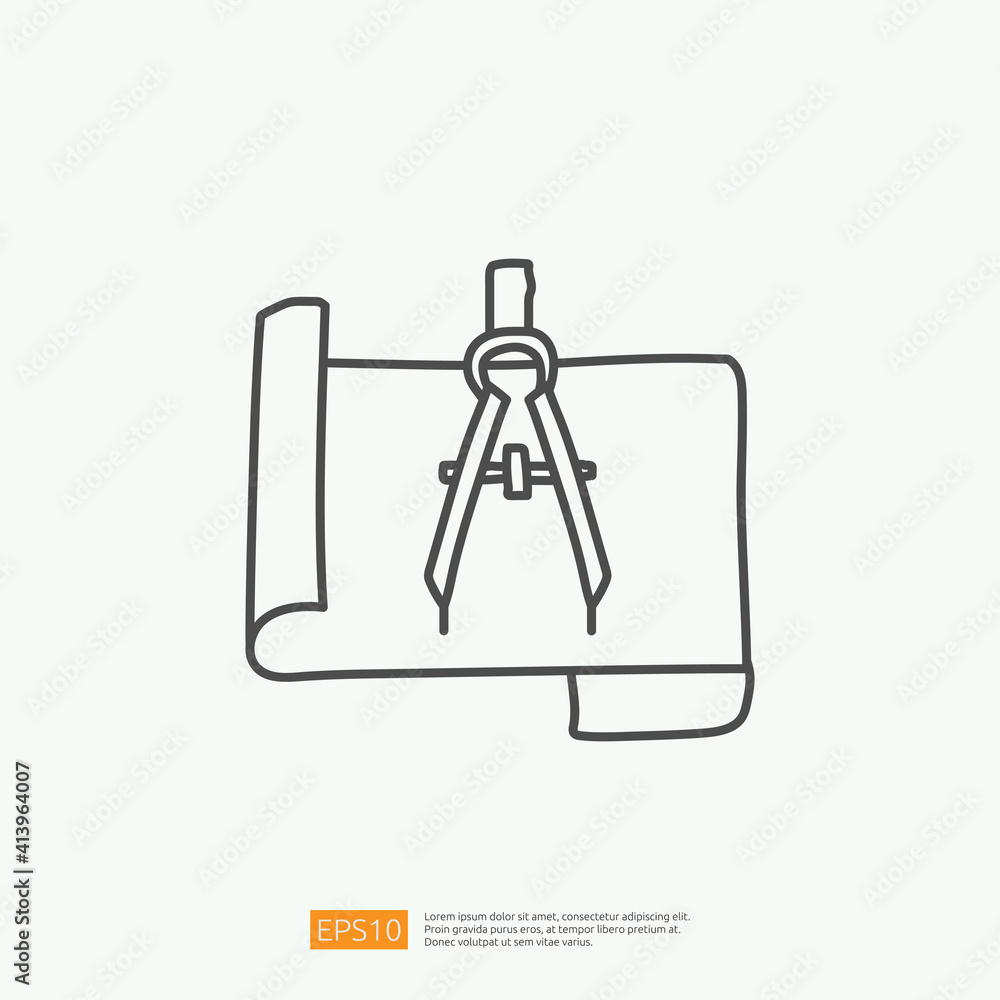 Poster architecture compass and paper icon. engineering related doodle concept. measure and architect drawi