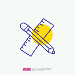 pencil and ruler doodle icon for engineering related concept. creative, measurement, education symbol sign. fill color line vector illustration