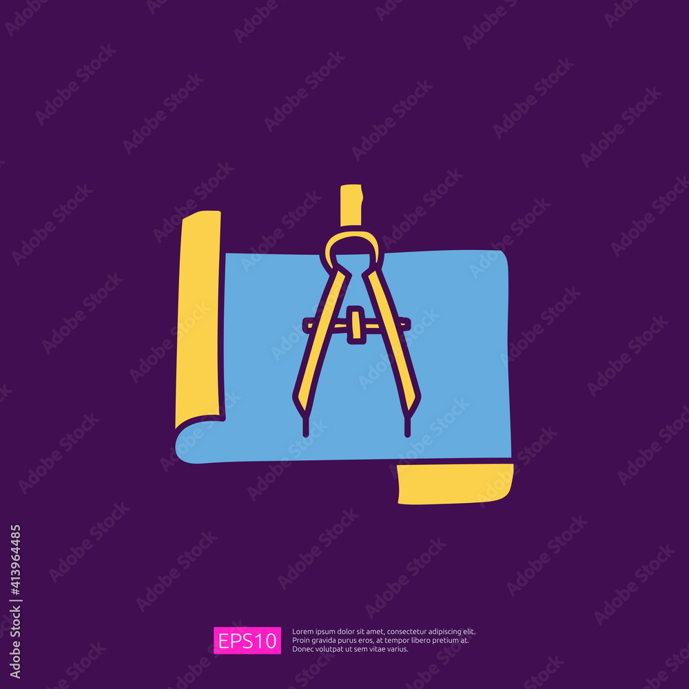 Poster architecture compass and paper icon. engineering related doodle concept. measure and architect drawi
