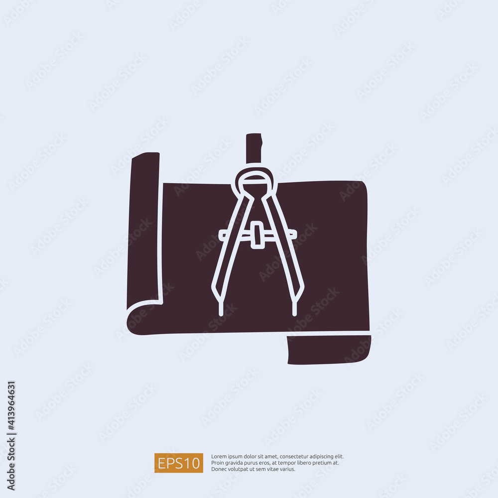 Poster architecture compass and paper icon. engineering related doodle concept. measure and architect drawi