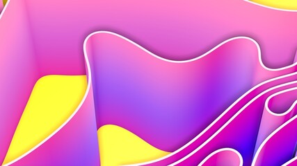 Abstract 3D render colorful yellow purple splines rows light and shadow curves flowing motion movement surface texture waves background.