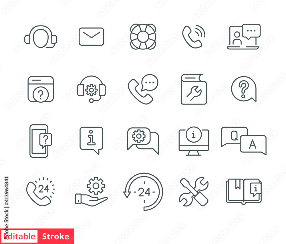 Poster help and support line icon set. simple outline style symbol for web template and app. online service