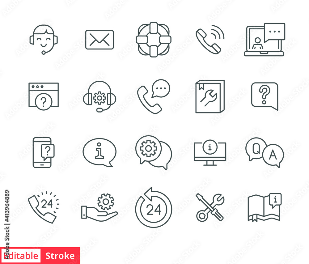Aufkleber help and support line icon set. simple outline style symbol for web template and app. online service