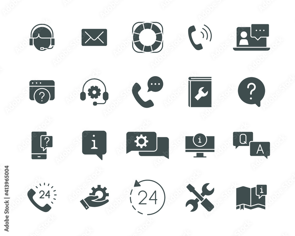 Poster help and support glyph icon set. simple solid style symbol for web template and app. online service,