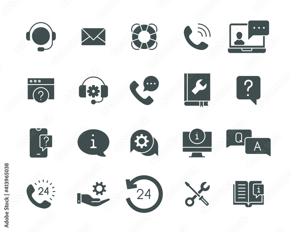 Poster help and support glyph icon set. simple solid style symbol for web template and app. online service,