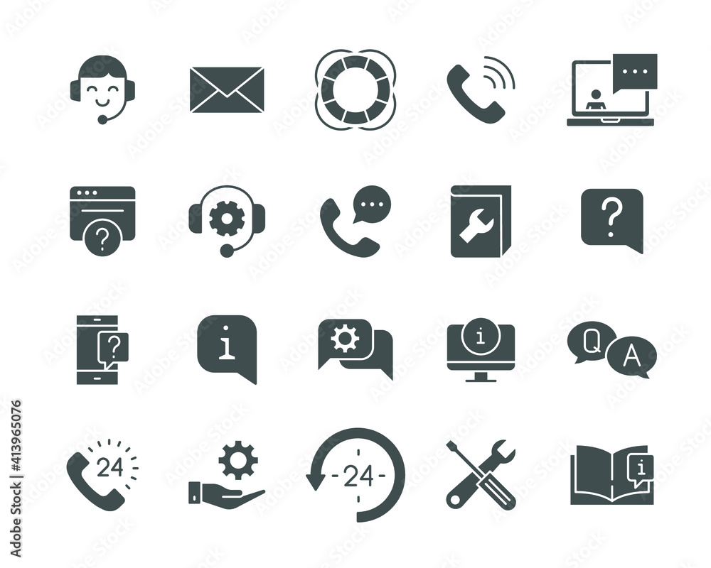 Poster help and support glyph icon set. simple solid style symbol for web template and app. online service,