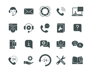 Help and support glyph icon set. Simple solid style symbol for web template and app. Online service, call center, contact phone concept. Vector illustration isolated on white background. EPS 10