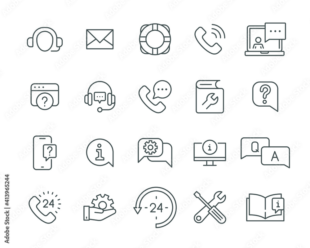 Poster help and support line icon set. simple outline style symbol for web template and app. online service