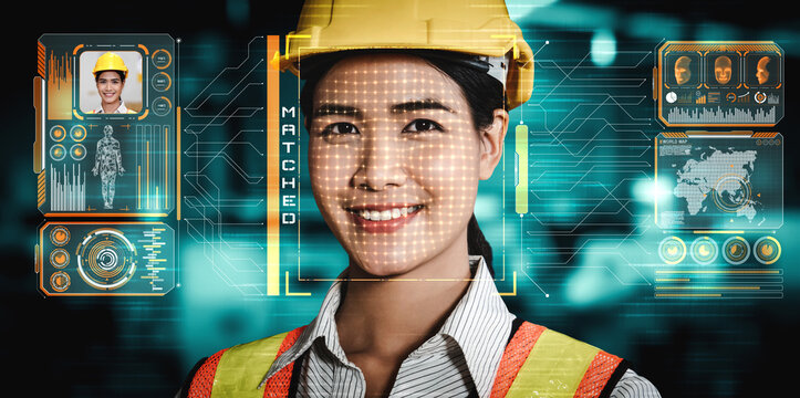 Facial recognition technology for industry worker to access machine control . Future concept interface showing digital biometric security system that analyze human face to verify personal data .