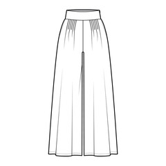 Pants gaucho technical fashion illustration with low waist, rise, pleated, ankle cropped length, seam pockets. Flat trousers bottom apparel template, white color. Women, men, unisex CAD mockup