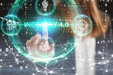 Business, Technology, Internet and network concept. Young businessman working on a virtual screen of the future and sees the inscription: Industry 4.0