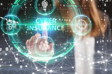 Business, Technology, Internet and network concept. Young businessman working on a virtual screen of the future and sees the inscription: Cyber insurance