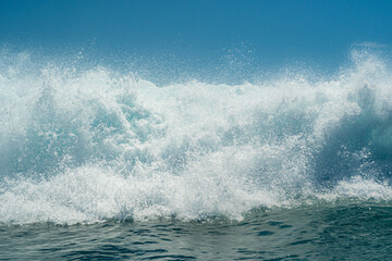 Fototapeta premium White foamy water on a tropical turquoise breaking ocean wave with blue sky background.