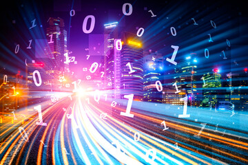 Digital data flow on road with motion blur to create vision of fast speed transfer . Concept of...