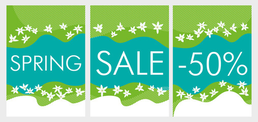 Spring sale discounts. Spring green posters for the store. Vector graphics
