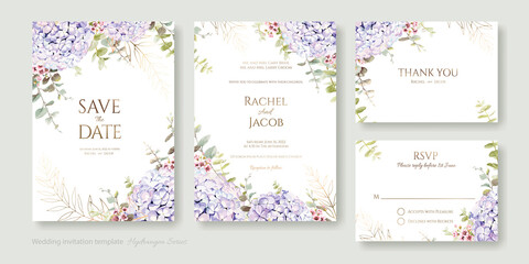 Fototapeta na wymiar Set of floral wedding Invitation card, save the date, thank you, rsvp template. Vector. Hydrangea flower with greenery.