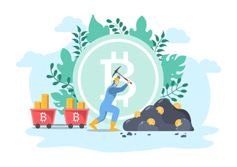 Cryptocurrency Illustration Flat Design with Businessman Miners and Coins. for Financial Technology, Blockchain, and Data Analysis.