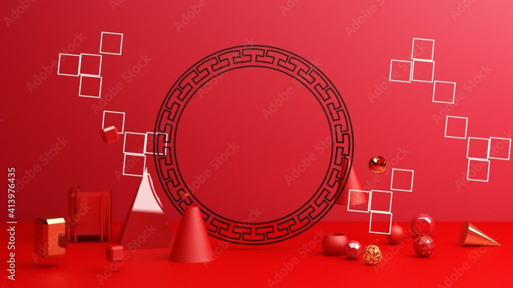 Poster chinese new year, golden podium display mockup on red abstract background with geometric shape and c