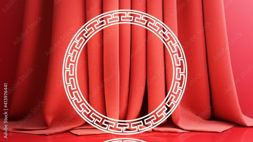Poster chinese new year, golden podium display mockup on red abstract background with geometric shape and c
