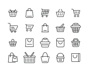Set of shopping cart line icons. Simple outline style for web template and app. Online store, shop basket, bag concept. Vector illustration isolated on white background. EPS 10