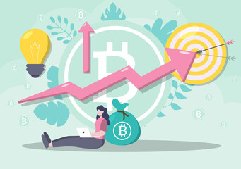 Cryptocurrency Illustration Flat Design with Businessman Miners and Coins. for Financial Technology, Blockchain, and Data Analysis.