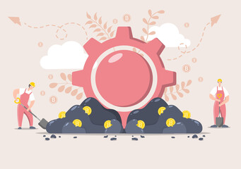 Fototapeta premium Cryptocurrency Illustration Flat Design with Businessman Miners and Coins. for Financial Technology, Blockchain, and Data Analysis.
