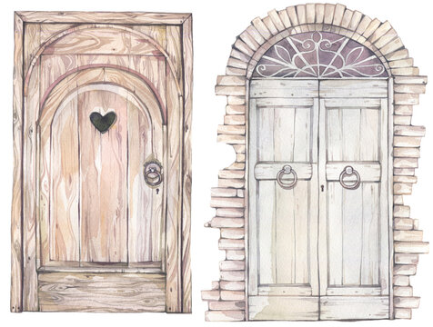 Two old style wood doors. Hand drawn watercolor illustration. 