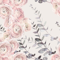 Floral seamless pattern of tender flowers. Hand drawn watercolor illustration.