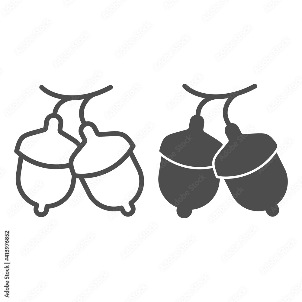 Poster two acorns line and solid icon, thanksgiving day concept, oak branch sign on white background, two a