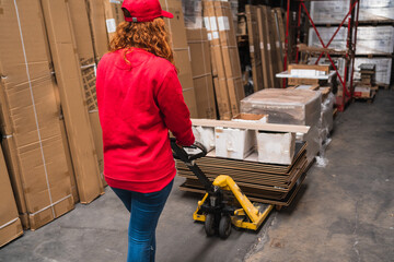 View from behind female worker with a pallet truck in a warehouse