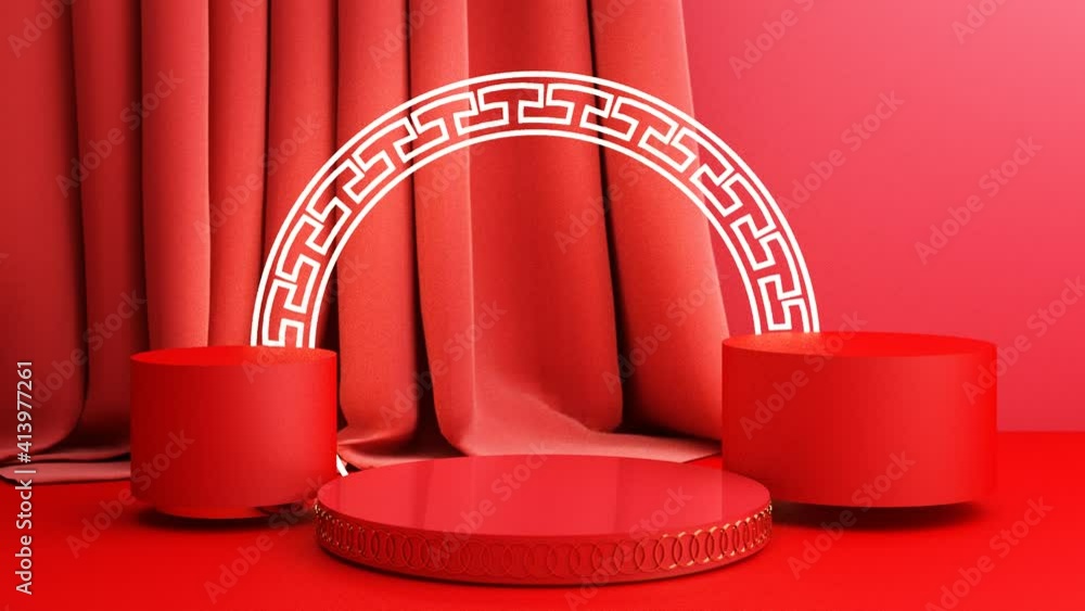 Poster chinese new year, golden podium display mockup on red abstract background with geometric shape and c