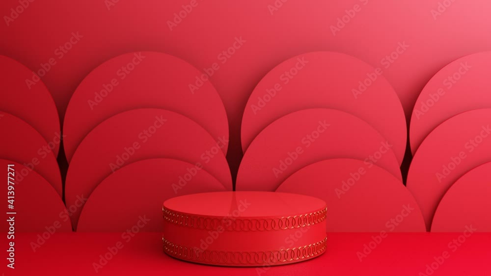 Poster chinese new year, golden podium display mockup on red abstract background with geometric shape and c