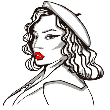 A portrait of woman with red lips and cap. Fashion illustration. Vector