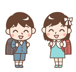ランドセルを背負った笑顔の男の子と女の子