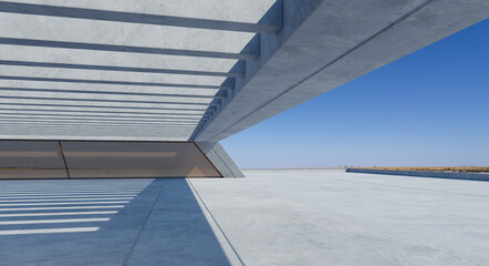 Concrete floor and modern rooftop building with blue sky.