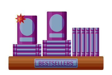 Best seller book shelf with sticker. Bookstore shelf in cartoon style. Vector illustration isolated on white background