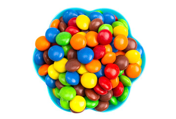 Fototapeta na wymiar Rainbow Colored Candy Coated Chocolate Buttons in a Fun Blue Bowl Isolated on a White Background