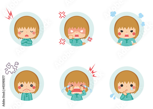 可愛い小さな女の子の顔 ネガティブ感情セット アイコン イラスト 怒り 悲しい 怒る 泣く Anger Wall Mural Ang ぽこたぽこ
