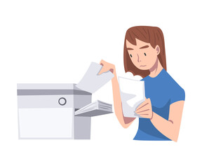 Young Woman as Office Employee Printing Files Vector Illustration