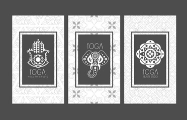 Yoga Health Studio Card Templates Set, Elegant Monochrome Indian Frame Card, Invitation, Flyer, Banner Vector Illustration