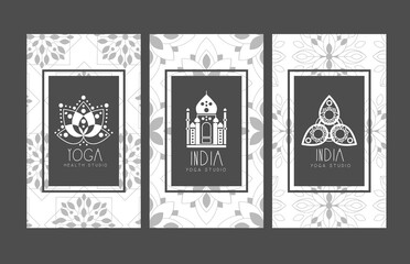 Yoga Health Studio Cards Set, Elegant Monochrome India Yoga Studio Business Card, Invitation, Flyer, Banner Templates Vector Illustration