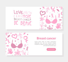 Breast Cancer Landing Page Template, Love, Faith, Care, Hope Concept, Women Support, Breast Diagnosis, Cancer Prevention, Online Help and Charity Cartoon Vector Illustration