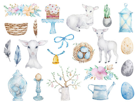 Big set of watercolor happy easter. Lamb, feathers, flowers