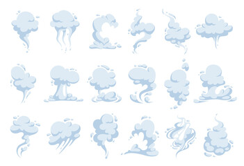 Set of clouds of steam, vapor and smells. Cartoon effects of smoke, explosion, air and dust. Hover silhouettes isolated