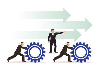 Businessman orders his employee to push gears, teamwork or leadership concept.