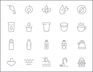 Set of water and drinks line style. It contains such Icons as bottle, glasses, bathroom, faucet, shower, cup, kettle and other elements. customize color, easy resize.