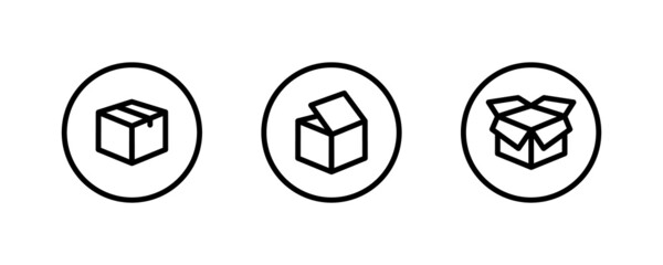 Box icon. Package, delivery boxes, cargo distribution, export, return parcel. Shipment of goods, open package, Open Box, recycled, Contains such priority shipping, express order tracking, crate icons