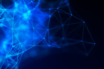 Abstract digital background. Dark blue plexus panoramic hero background. Abstract polygonal space background classic blue with connection lines and dots for tech